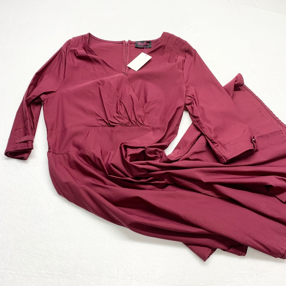 Hanna Nikole Surplice A-Line Dress Womens Size 2X Burgundy V-Neck 3/4 Sleeve